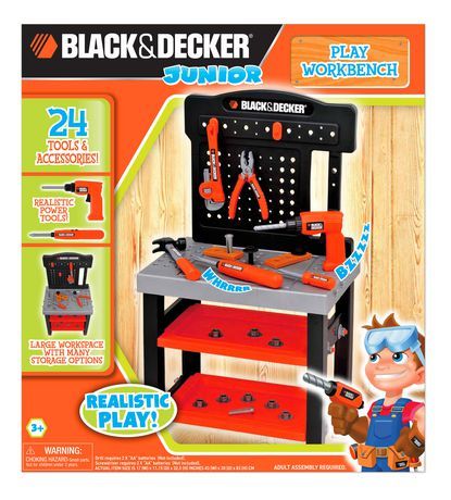 Black & Decker Junior Play Workbench available from Walmart Canada. Buy Toys online at everyday low prices at Walmart.ca Small Workbench, Tool Workshop, Bangunan Minecraft, Tool Bench, Kids Toys For Boys, Black And Decker, Boys Love, Power Tool, Black & Decker