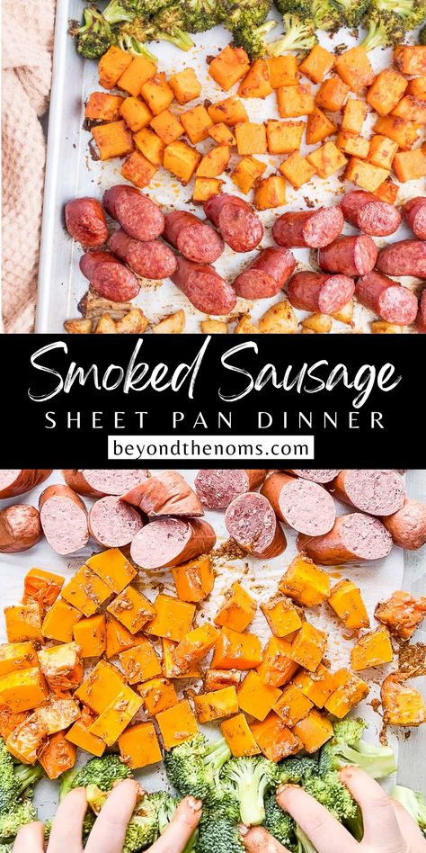 smoked sausage, butternut squash, broccoli, potatoes on a sheet pan Meal Prep Smoked Sausage, Smoked Sausage One Pan Meal, Healthy Meals With Smoked Sausage, Smoked Sausage Pan Dinner, Smoked Sausage Recipes One Pan, Sausage Potato Veggie One Pan, Keilbasa Recipes Sheetpan, Healthy Polish Sausage Recipes, One Pan Smoked Sausage And Veggies