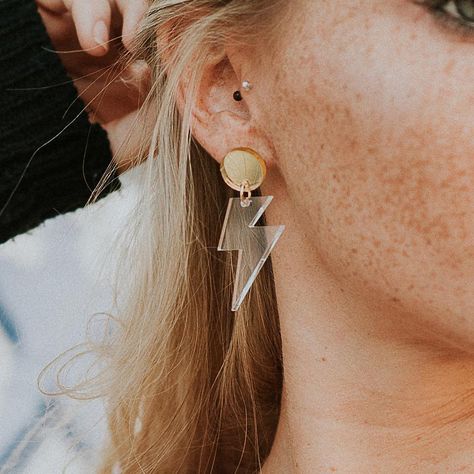 Lightning bolt earrings restocked! Bolt Earrings, Lightning Bolt Earrings, Mirror Gold, Rainbow Earrings, Lightning Bolt, Gold Mirror, Sensitive Ears, Earrings Dangle, Microfiber Cloth