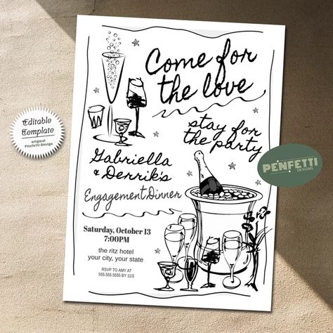 PenfettiDesigns - Etsy Wine Dinner Party, Casual Engagement Party, Dinner Party Invite, Hand Drawn Invitation, Dates Ideas, Wine Dinner, Vintage Couples, Invitation Text, Engagement Invitations