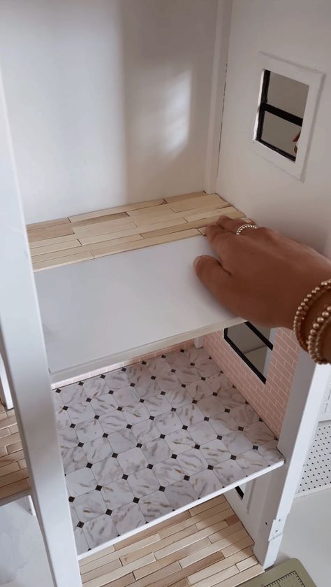 Dollhouse Reno | Part 3 – Walls, Floors + Kitchen - Laura Jade Prado Dollhouse Kitchen Wallpaper, Dollhouse Walls Diy, Dollhouse Flooring Diy, Wall Dollhouse, Dollhouse Remodel, Dollhouse Kitchen Cabinets, Dollhouse Renovation, Diy Hardwood Floors, Dollhouse Door