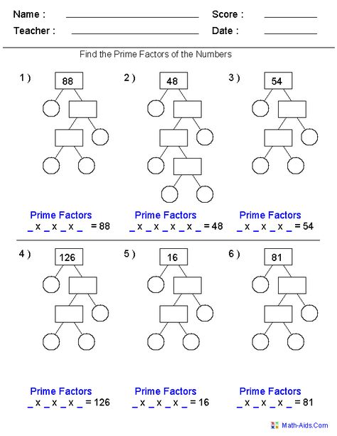 Prime Factorization Trees Factors Worksheets- Use for homework or in class assignment Prime Numbers Worksheet, Prime Factorization Worksheet, Factor Trees, Factors And Multiples, Greatest Common Factors, Prime Factorization, Prime And Composite, Common Factors, Communication Board