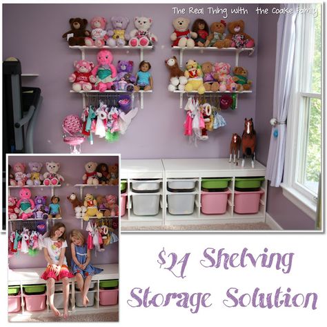 The Real Thing with the Coake Family: Storage Solutions: $24 Shelving and Storage for Kid's Toys Bear Storage, Girls Room Organization, Kid's Playroom, Doll Storage, Kids' Playroom, Kid Toy Storage, Kids Room Organization, Toy Rooms