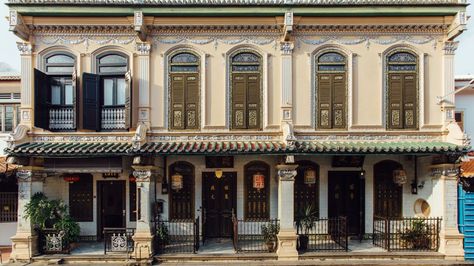 Malaysia Baba Nyonya Museum British Colonial Aesthetic, Nyonya Design, Colonial Villa, Baba Nyonya, Indochine Style, Apartments Exterior, Apartment Exterior, Shop Facade, Sims Building