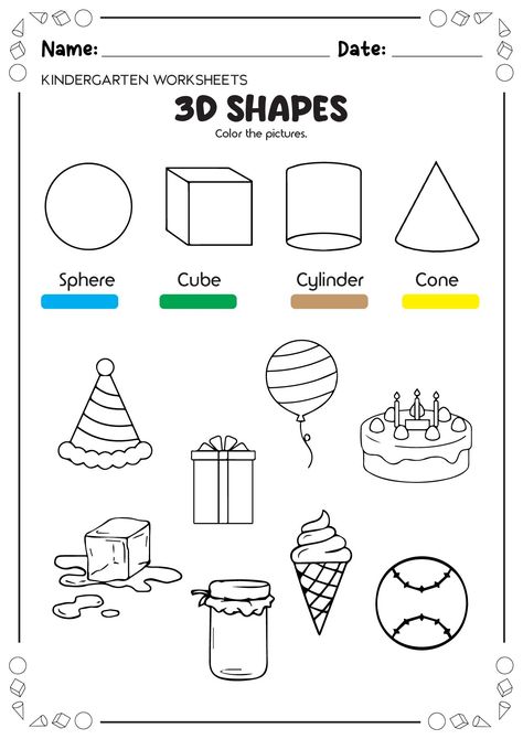 14 3D Shapes Worksheets Printables Kindergarten 3 D Shapes Kindergarten, 3 D Shapes Worksheets, Basic Shapes Design, Shape Activities Kindergarten, 3d Shapes Activities, 3d Shapes Worksheets, Shapes Worksheet Kindergarten, Shapes Kindergarten, Creative Math