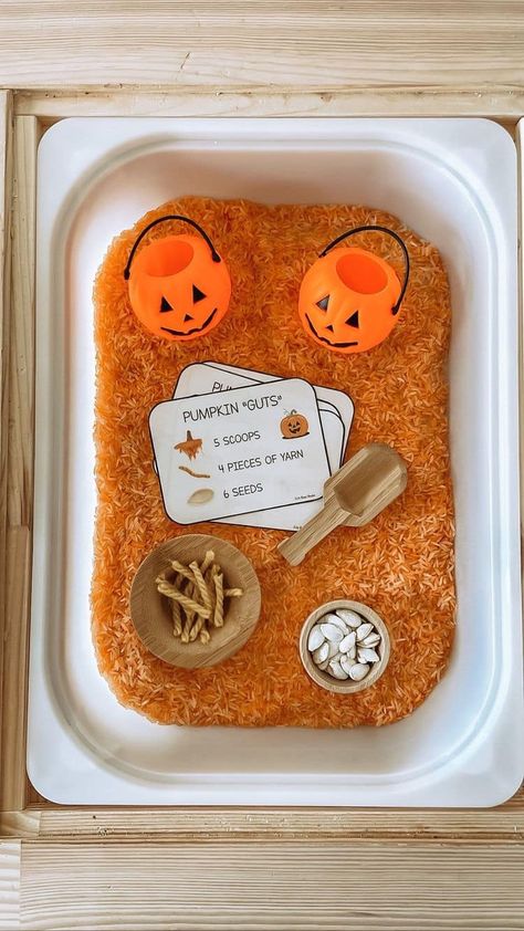 Kenzie Renea - my mom goals this season include fall... Orange Rice Sensory Bin, Fall Edible Sensory Bin, Toddler September Themes, Daycare Sensory Bins, Sensory Table Halloween, Pumpkin Sensory Table, Orange Sensory Bin, Yarn Sensory Bin, Sensory Bin Halloween