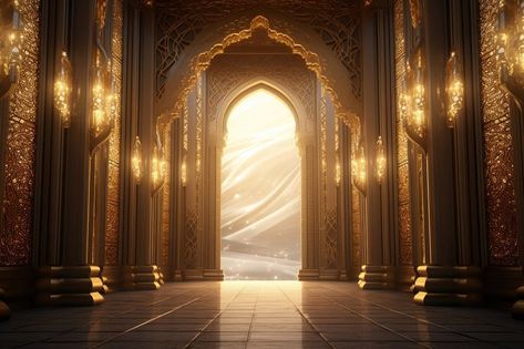 doorway architecture building gate. | Premium Photo - rawpixel Hallway Dark, Temple Door, Door Hallway, Gold Gate, Dark Hallway, Exquisite Decor, Throne Room, Aesthetic Light, Game Background