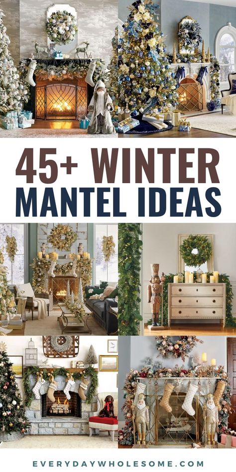 Winter Mantel Decorating ideas with winter aesthetic. Winter mantle decor, christmas mantle decor. winter home decor. Mantel decorating ideas. winter decor ideas for the home. Rustic winter decor. winter decor ideas for home. winter decor ideas. winter decorations. blue gold sillver christmas winter decor. #wintermantel #wintermantle #christmasmantel #christmasmantle #winterdecor #christmasdecor #winterhomedecor #winterdecorations #winterdecorideas #winterwreath #winterwreaths #wintergarland Gold Mantle Decor Christmas, Winter Fireplace Aesthetic, Winter Decor After Christmas Mantles, Winter Mantle Decor After Christmas, Winter Mantel Decorating Ideas, Christmas Mantles Ideas Fireplaces, Winter Fireplace Decor, Winter Mantle Decor, Winter Mantel Decor