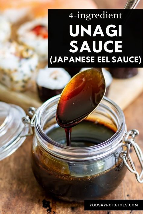 Jar of unagi sauce with a spoon coming out. Grilled Fish Sandwich, Eel Sauce Recipe, Grilled Shrimp Marinade, Eel Recipes, Unagi Sushi, Grilled Eel, Traditional Asian Dish, Eel Sauce, Whole Fish Recipes