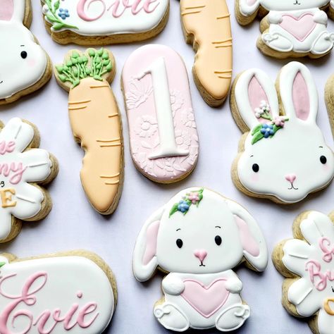 Some bunny special is turning one! #customcookiesireland #somebunny #somebunnyisone #bunnycookies #decoratedbiscuits #decoratedcookies #cookiesdublin #cookiesireland #irishmom #irishmum #dublincookies #dublinbaker #biscuits #somebunnyisonecookies #somebunnyisturningone #firstbirthday #1stbirthdaycookies #birthdaycookiesdublin Bunny First Birthday Girl, Somebunny Is Turning One, Some Bunny Is Turning One, Bunny First Birthday, Bunny Birthday Party, First Birthday Girl, Bunny Cookies, Bunny Birthday, Turning One