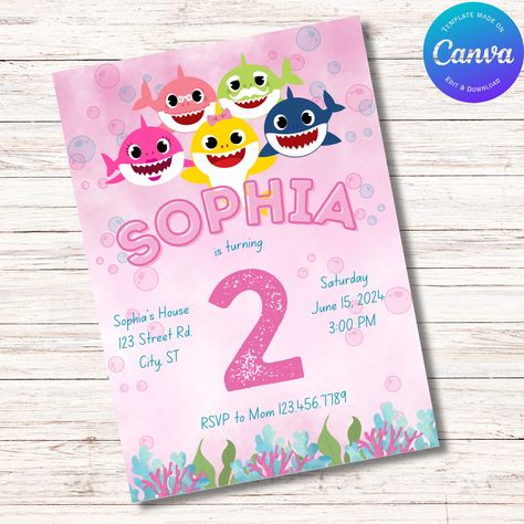 Pink Baby Shark Birthday Invitation Template for Girls - Etsy Shark Birthday Party Invitation, Shark Birthday Invitation, Shark Birthday Invitations, Baby Shark Birthday, Pink Shark, Shark Birthday Party, Canva Website, Shark Birthday, Birthday Invitation Template