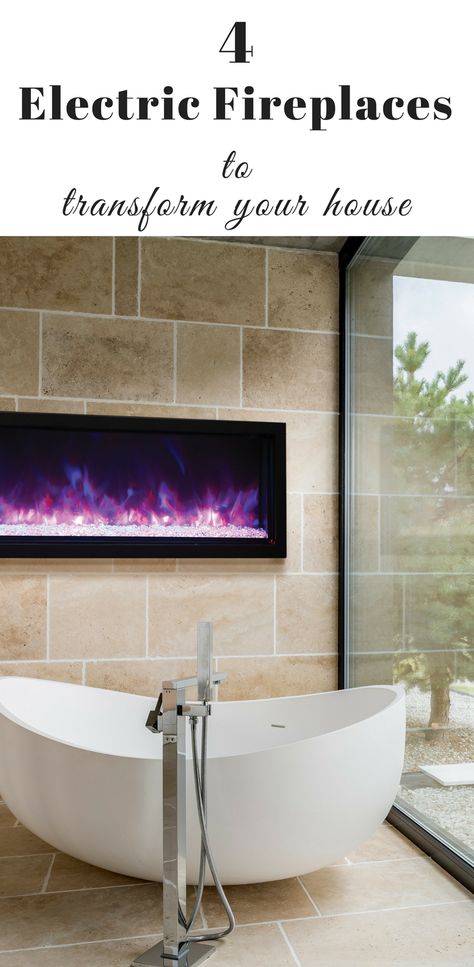 Electric Fireplace In Master Bath, Electric Fireplace Bathroom, Electric Fireplace In Bathroom, Bathtub With Fireplace, Fireplace In Bathroom, Decor Fireplace Ideas, Electric Fireplace Ideas, Master Bathtub, Cosy Home Decor