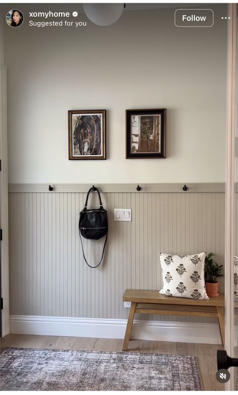 Mudroom Ideas Entryway Beadboard, Painted Beadboard Wainscoting, Wainscoting Small Entryway, Wood Wall Entryway Ideas, Half Painted Wall With Wood Trim, Painted Wainscoting Entryway, Bead Board Board And Batten, Bead And Batten Wall Entryway, Wainscotting With Hooks