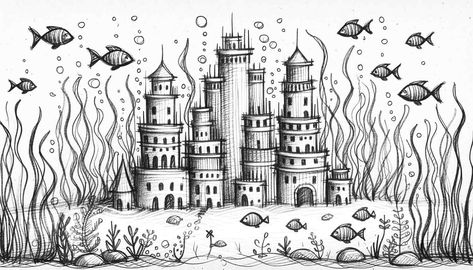 underwater atlantis drawing ideas Underwater Castle Drawing, Underwater Art Drawing, Atlantis Drawing, Drawing Ideas Fish, Underwater World Drawing, Under The Sea Drawing, Atlantis Art, Under The Sea Drawings, Underwater Drawing