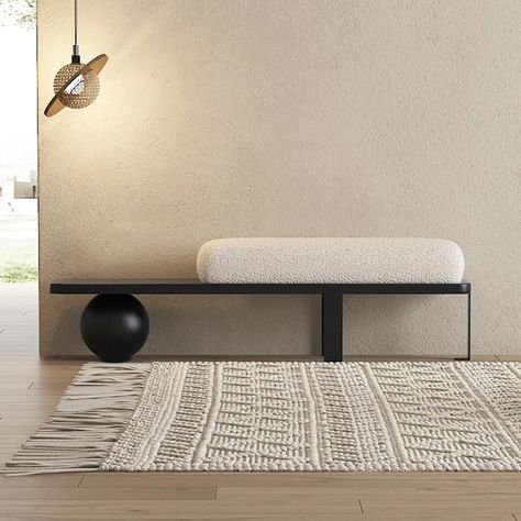 White & Black Wooden Entryway Bench Boucle Upholstered with Abstract Metal Legs Boucle Cushion, Entrance Bench, Entryway Modern, Contemporary Bench, Modern Entryway, Bench Designs, Living Room Bench, Hallway Furniture, Modern Bench