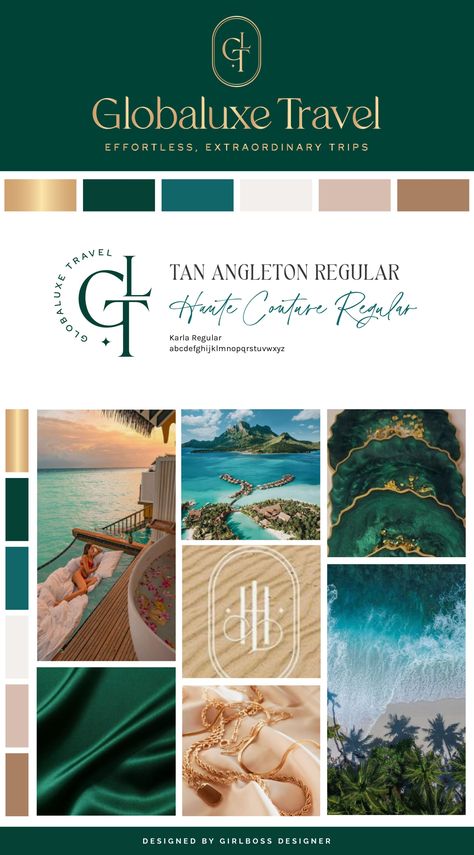 Globaluxe Travel is a brand that exudes professionalism, luxury, and confidence. The inspiration came from a combination of shades of green, gold, and sophisticated typography.To achieve this goal, we have chosen an elegant color palette consisting of emerald green, metallic gold, teal, warm neutrals, and blush. The use of a unique serif font for the main logo creates a sophisticated, high-end vibe that is complemented by the simple and clean sans-serif font below. Check out all the details here Teal And Neutral Color Palette, Color Palette Luxury Colour Schemes, High End Brand Color Palette, Emerald Gold Color Palette, Luxury Travel Color Palette, Teal And Gold Branding, Emerald Color Combinations, Luxury Green Palette, Emerald Green And Blue Color Palette