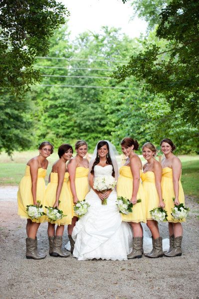 yellow dresses + cowboy boots Dresses Cowboy Boots, John Deere Wedding, Country Style Wedding Dresses, Dresses With Cowboy Boots, Country Style Wedding, Yellow Dresses, Yellow Bridesmaids, Cute Wedding Ideas, Yellow Wedding