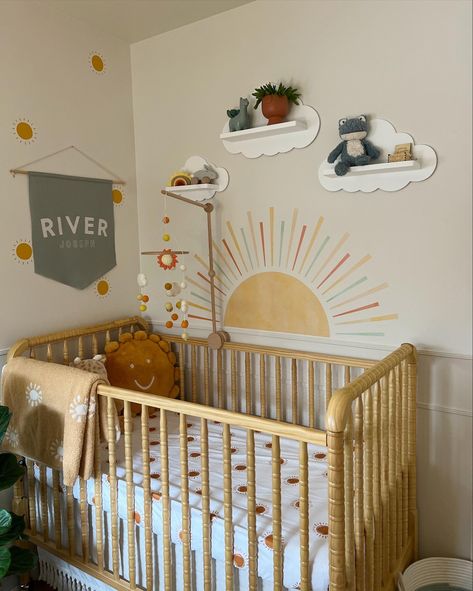 Cozy sunshine nursery Nursery With Sun Wall, Sun Themed Room, Sun Nursery Theme, Terra Cotta Nursery, Sun Themed Nursery, Sunshine Themed Nursery, Sunshine Nursery Theme, Sunshine Baby Nursery, Yellow Baby Nursery