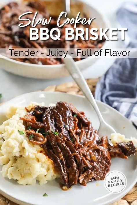 Crock Pot BBQ Brisket · Easy Family Recipes Beef Brisket Recipes Crockpot, Beef Brisket Crock Pot, Brisket Recipes Crockpot, Slow Cooker Brisket Recipes, Brisket Crock Pot, Crock Pot Bbq, Slow Cooker Brisket, Barbecue Side Dishes, Beef Brisket Recipes