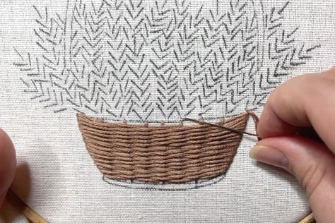 Learn how to create gorgeous textures using the basket weave technique and stitch a beautiful lavender basket embroidery. Basket Stitch, Basket Embroidery, Basket Weave, Lavender Stitch Embroidery, Embroidery Basket Weave Stitch, Embroidery Basket Of Flowers, Flower Basket Embroidery Design, Lavender Field Embroidery, Lavender Basket