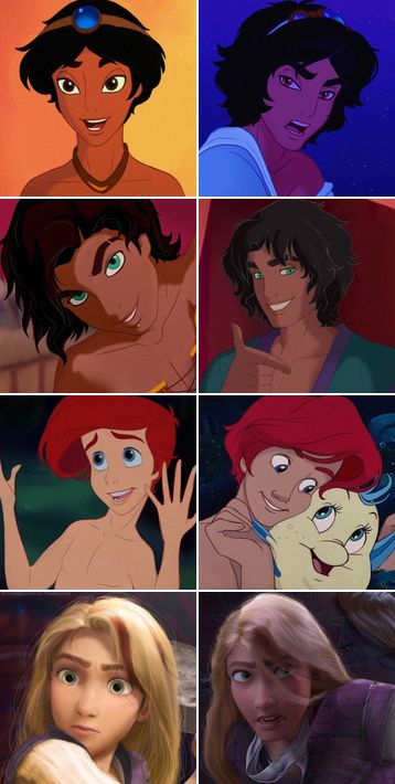 Disney Gender Bender (Aladdin, Esmerelda, Ariel, rapunzel) Disney Gender Swap, Gender Bent Disney, Lindo Disney, Disney Gender Bender, Drawing Disney, Flipagram Instagram, Images Disney, Desen Anime, Disney Princes