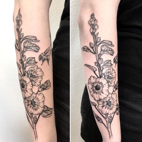 Hollyhock Tattoo Black And White, Hollyhocks Tattoo, Hollyhock Tattoo, Daisy Flower Tattoos, Bumble Bee Tattoo, Hollyhocks Flowers, Rosen Tattoo, Hummingbird Tattoo, Tattoo Inspo