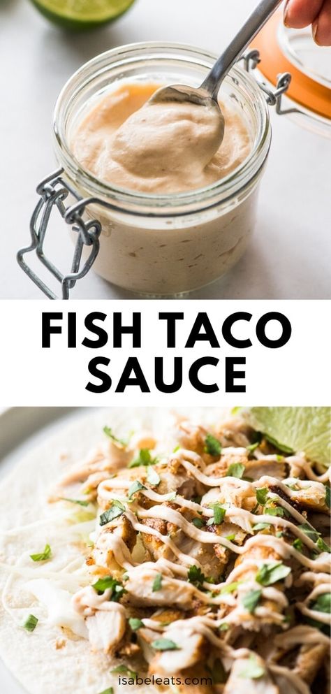 This fish taco sauce is the perfect blend of sour cream, mayonnaise, lime juice, garlic and adobo sauce from canned chipotle peppers. Creamy and tangy with a hint of spice, it's the best sauce for fish tacos and all types of fish! #fishtacos #fish #tacos Easy Fish Taco Sauce, Sauce For Fish Tacos, Sauce For Fish, Fish Taco Sauce, Easy Fish Tacos, Baja Fish Tacos, Seared Fish, How To Make Fish, Chipotle Peppers