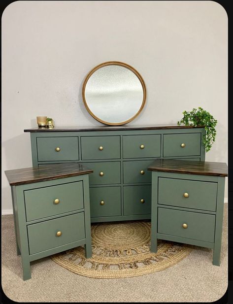 Green Ikea Dresser, Dark Sage Green Furniture, Color Dresser Bedroom, Painted Ikea Furniture Ideas, Green Dresser In Bedroom, Green Refinished Dresser, Olive Green Dresser Diy, Green Drawers Bedroom, Green Hemnes Dresser