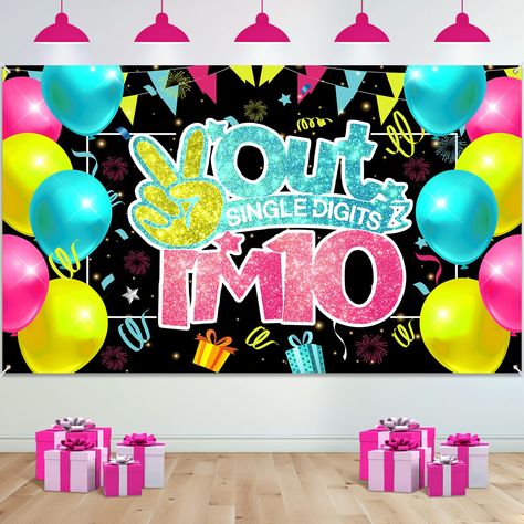 PRICES MAY VARY. [10th Birthday Party Banner]: The size of the corlorful"Out Single Digits I'm 10 Banner" is 70.86 x 43.3 inches, including a 20 foot long rope. It's big and beautiful enough to decorate your birthday party and leave a deep impression on your guests. ﻿ [Doule Digits Birthday Party Decoration]: The 10 years old birthday banner features an excellent combination of blue,yellow ,pink and black, and features a striking design "Out Single Digits I'm 10", making the 10th birthday party The Big 10 Birthday Party Ideas, Double Digit Birthday Party, 10 Year Birthday Party Ideas Boys, Birthday Ideas For 10 Year Girl, 10th Birthday Girl Party Ideas, 10 Year Birthday Party Ideas For Girl, Ten Year Old Birthday Party Ideas, Girls 10th Birthday Party Themes, Girls 11th Birthday Party Ideas