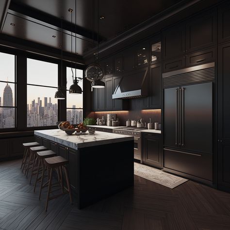 kitchen aesthetic modern big New York Penthouse Aesthetic Kitchen, New York Apartment Aesthetic Luxury, Modern Black Kitchen Design Luxury, New York Apartment Interior Kitchen, Luxury Apartment Minimalist, Luxury Apartment Aesthetic Kitchen, Nyc House Interiors, Black Modern House Aesthetic, Fancy Kitchen Aesthetic