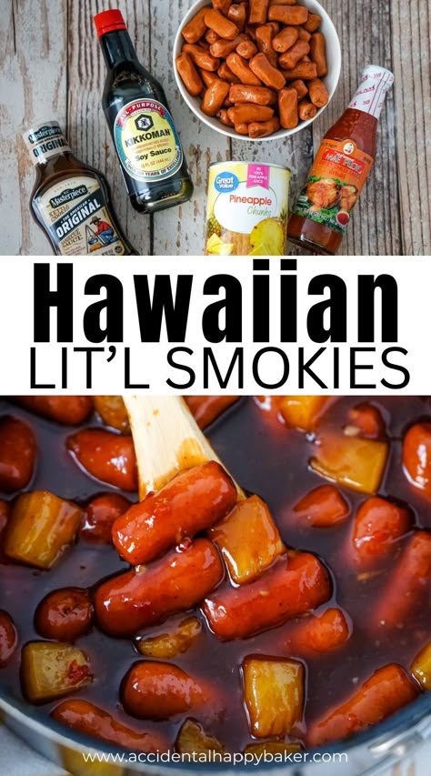 Lit’l Smokies are simmered in a sweet and spicy sauce with pineapple chunks for a fun Hawaiian flair. These Hawaiian Lit’l Smokies make a great appetizer for your next bbq or party and are absolutely perfect for any Luau themed gathering! Hawaiin Party Finger Foods, Lilo And Stitch Birthday Party Food Ideas, Finger Foods For Luau Party, Lilo And Stitch Recipes, Lilo And Stitch Party Food Ideas, Hawaiian Finger Foods, Lilo And Stitch Party Food, Lilo And Stitch Themed Food, Lilo And Stitch Food