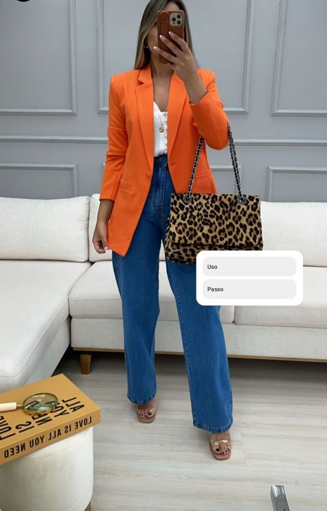 How To Wear Orange Blazer, Business Casual Outfits Orange, Orange Blazer Outfits For Women Office, Orange Work Outfit, Orange Business Casual Outfits, Outfits Con Blazer Naranja, Blazer Naranja Outfit Mujer, Orange Blazer Outfits For Women, Orange And Blue Outfit