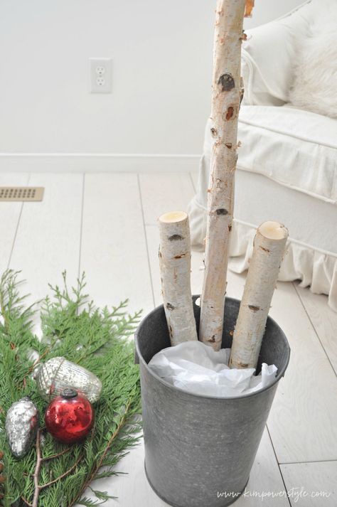 White Birch Christmas Tree Decorating Ideas, Birch Evergreen Planter, Birch Sticks In Planters, Birch Sticks Christmas Decor, Wood Log Christmas Decor, White Birch Logs Decor Rustic Christmas, Indoor Birch Tree Decor, Birch Wood Christmas Decor, Birch Branches Decor