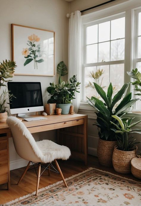 Feminine Boho Office, Yoga Room Office, Women Office Ideas At Home, Woman's Home Office, Aesthetic Home Office Ideas, Scandinavian Home Office Ideas, Woman’s Home Office, Office In Living Room Apartment, Bohemian Office Decor Ideas