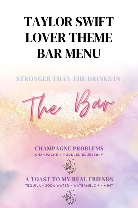 This completely customizable digital download file makes it easy for you to create the perfect Lover themed bar menu for your wedding, bachelorette party, or girls night. All cocktail names and ingredients are completely customizable on this template so you can perfect your drinks to your liking Lover Themed Bachelorette Party, Lover Bachelorette Party, Tequila Soda, Swift Party, Cocktail Names, Taylor Swift Lover, Girl Night, Tequila Drinks, Watermelon Mint