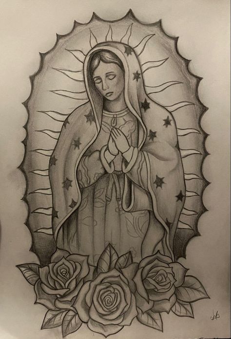 Virgin Mary, Tattoo Designs, Roses, Tattoos, Drawings, Black