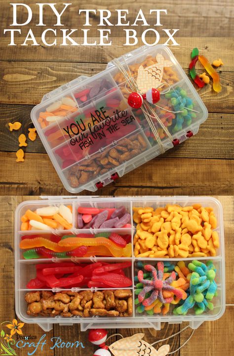 A tackle box filled with little candy treats and decorated with the text" You are our/my favorite fish in the sea" complete with a paper fish and bobbers! A clever, custom, quick and affordable gift that anyone would love! Tackle Box Gift, Paper Fish, Candy Treats, Fishing Party, Diy Treats, Diy Gifts For Him, Diy Father's Day Gifts, Fishing Birthday, Father's Day Diy