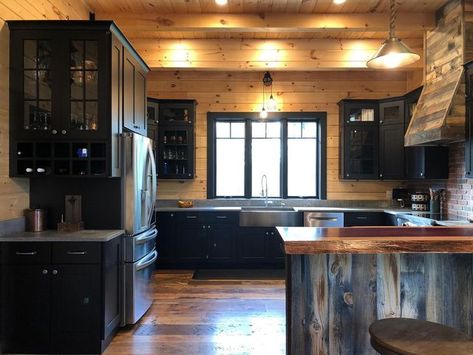 Cabin Black Cabinets, Log Cabin Kitchen Cabinet Colors, Black Cabin Kitchen, Log Cabin Kitchens Cabinets, Cabin Cabinets, Cabin Kitchen Cabinets, Log Cabin Kitchen Ideas, Log Cabin Kitchens, Omega Cabinetry