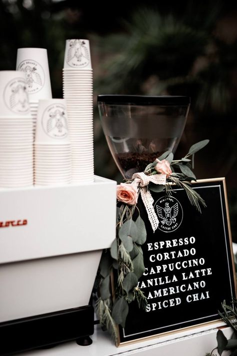 Coffee Cart At Wedding, Coffee Cart Photoshoot, Espresso Bar At Wedding, Wedding Espresso Bar, Espresso Bar Wedding, Coffee Bar At Party, Coffee Party Bar, Wedding Coffee Cart, Coffee Bar For Wedding