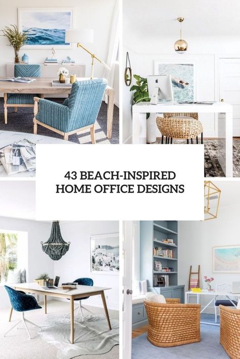 Picture Of a beach home office with a wooden desk, rattan chairs and a daybed, a pendant lamp and navy and white pillows Coastal Home Office Beach, Beach Office Design, Office Beach Theme, Coastal Office Ideas Beach, Coastal Style Office, Coastal Blue Home Office, Costal Home Office, Home Office Beach Style, Nautical Home Office