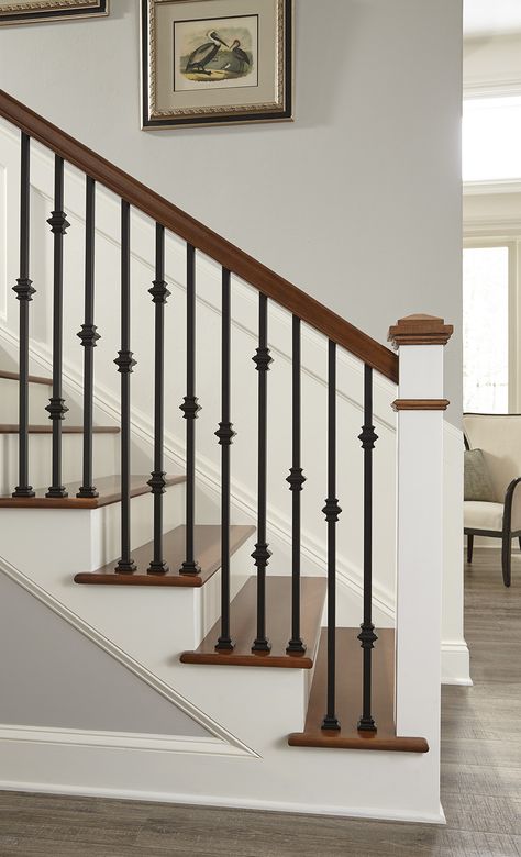 Media Gallery from Crown Heritage Stair Company - Crown Heritage Stair Company Iron Bannister Railings, Iron Railings Indoor, Indoor Stair Railing, Stair Railing Makeover, درج السلم, Interior Stair Railing, Wrought Iron Stair Railing, Wrought Iron Staircase, Stair Balusters