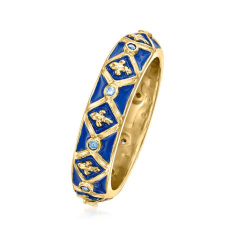 Ross-Simons - .10ct t. w. Sapphire, Blue Enamel Fleur-De-Lis Ring Over Sterling. Size 6. Take stacking into your own hands with a high-spirited ring that speaks to your unique personality! This decorative band features .10 ct. t. w. round sapphires and fleur-de-lis symbols atop a royal blue enamel backdrop. Crafted in 18kt yellow gold over sterling silver. 3/16" wide. Blue enamel and sapphire fleur-de-lis ring. Sapphire birthstones are the perfect gift for September birthdays. Diamond Anklet, Italian Gold Jewelry, Anchor Jewelry, Diy Jewelry Rings, Sapphire Birthstone, Pearl Strands Necklace, Pearl Anklet, Ring Sapphire, Precious Gemstones Jewelry