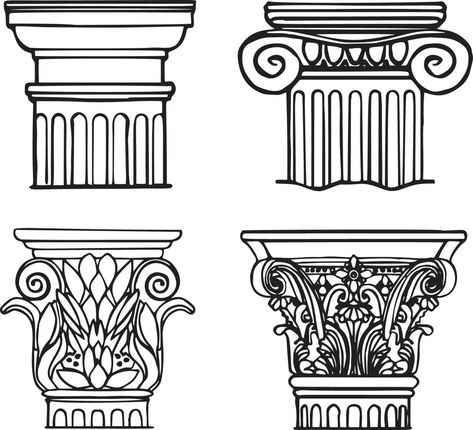 Roman Art Drawing, Roman Illustration, Ancient Rome Architecture, Greek Drawing, Greek And Roman Art, Clock Stencils, Rome Architecture, Black Contour, Classic Column