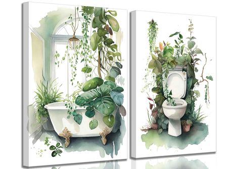 PRICES MAY VARY. 【Green Bathroom Wall Decor Size】: 12x16 in and 16x24 in,2 sizes for you to choose，ready to hang 【Watercolor Plant Artwork】:With its bold design and fun theme, our framed bathroom wall art is sure to add personality to your bathroom or toilet decor. 【Funny Bathroom Decor】: green plant bathroom wall art makes your room look more beautiful and infuses the soul of modern decoration.This beautiful wall art will attract a lot of attention. Whatever your style, we have a variety of ima Whimsical Bathroom, Plants Wall Art, Botanical Bathroom, Bathroom Wall Decor Art, Boho Bathroom Decor, Wall Art Bathroom, Plant Wall Decor, Plants Wall, Framed Botanicals