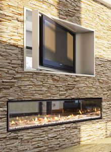 Didn't know if you could actually do this, but here is my idea for a swivel TV- between master bedroom and bathroom with a Contemporary double-sided fireplace (gas closed). Carport Modern, Indoor Outdoor Fireplaces, Double Sided Fireplace, Real Estat, Fireplace Design, Style At Home, Outdoor Fireplace, Design Case, Gas Fireplace