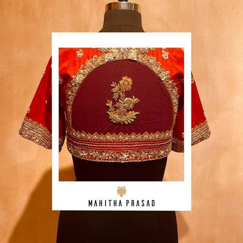 BlouseHousebyMahithaPrasad on Instagram: "A one of a kind artistic marvel for the Modern Indian Bride! Royalty and luxury embodied in intricate hand embroidered zardosi on the jewelled neckline of the orange and maroon blouse. The body and sleeve  is covered while the sleeve border features a thick embroidery. The floral embroidery on the back of the maroon net with thick embroidered waist border for an outstanding finish.  The designs envisioned by Mahitha Prasad are a powerful extension of ev Indian Embroidery Designs, Thick Embroidery, Handwork Blouse, Netted Blouse Designs, Embroidery Blouses, Wedding Saree Blouse, Wedding Saree Blouse Designs, Traditional Blouse Designs, Maggam Works