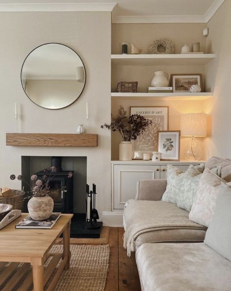 Alcove Ideas Living Room, Log Burner Living Room, Lounge Room Styling, Cream Living Rooms, Snug Room, Bungalow Exterior, Cosy Bedroom, Cosy Living, Living Room Decor Fireplace