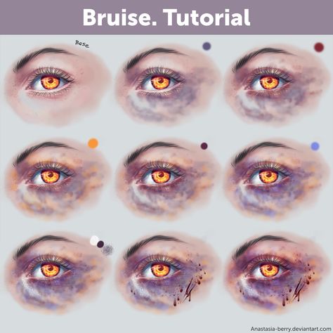 Bruise. Tutorial by Anastasia-berry on DeviantArt Scar Tutorial, How To Draw Scars, Anastasia Drawing, See Painting, Realistic Eyes, Drawing Eye, Zombie Halloween, Digital Painting Tutorials, Purple And Yellow