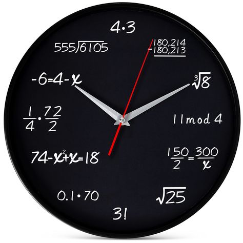 PRICES MAY VARY. 12 inch round analog math wall clock with different mathematical equations at each hour marker instead of traditional numbers. A unique and fun way to track time! Large chalkboard-like equations/numbers against black background are easy to read. Red second hand provides extra clarity Perfect gift for math lovers, college professors, mathematics teachers, students, engineers and scientists. Great for a classroom, office, study, college dorm room, library, bedroom, bathroom or any Math Wall, Kids Wall Clock, Wall Clock Black, Blue Wall Clocks, Large Chalkboard, White Wall Clocks, Mathematical Equations, Traditional Numbers, Teaching Time