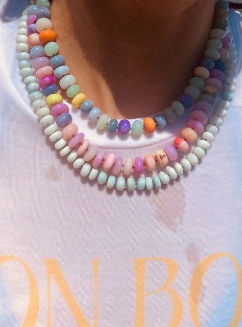 A tropical take on our traditional Mixed Pastel Candy Necklace, this piece will evoke childhood memories of trips to the candy shop. The Opals used to create this beautifully beaded necklace are full of healing properties. They amplify vibrational energy and inspire hope, optimism and positivity. Available for immediate dispatch with free standard delivery within the UK. Emerald Jewellery, Candy Necklace, Pastel Candy, Diy Collier, Candy Necklaces, Vibrational Energy, Gemstone Necklaces, Candy Shop, Jewelry Inspo